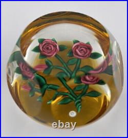 Ray Banford Roses On Amber Lampwork Glass Paperweight WithBlack B Signature Cane
