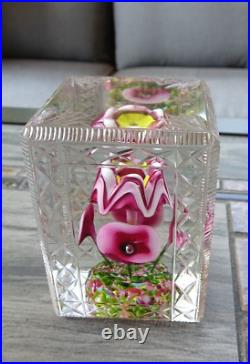 Rectangular Bohemian Art Deco Glass Flower Bouquet Faceted Fancy Cut Paperweight