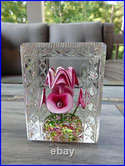 Rectangular Bohemian Art Deco Glass Flower Bouquet Faceted Fancy Cut Paperweight