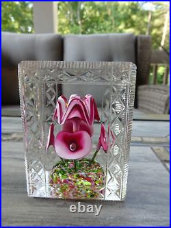 Rectangular Bohemian Art Deco Glass Flower Bouquet Faceted Fancy Cut Paperweight