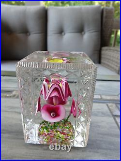 Rectangular Bohemian Art Deco Glass Flower Bouquet Faceted Fancy Cut Paperweight