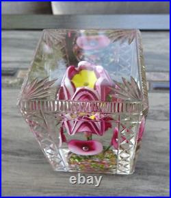 Rectangular Bohemian Art Deco Glass Flower Bouquet Faceted Fancy Cut Paperweight