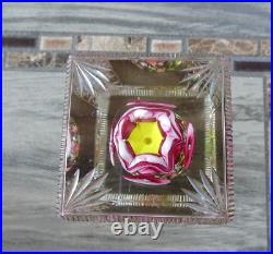 Rectangular Bohemian Art Deco Glass Flower Bouquet Faceted Fancy Cut Paperweight