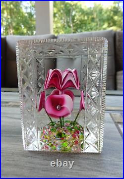 Rectangular Bohemian Art Deco Glass Flower Bouquet Faceted Fancy Cut Paperweight