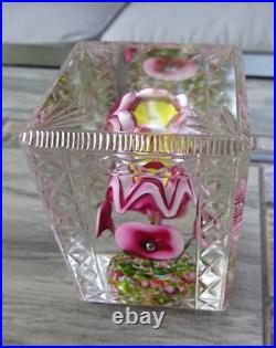 Rectangular Bohemian Art Deco Glass Flower Bouquet Faceted Fancy Cut Paperweight