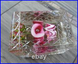 Rectangular Bohemian Art Deco Glass Flower Bouquet Faceted Fancy Cut Paperweight