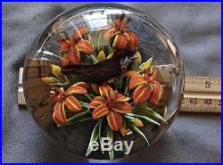 Rick Ayotte Paperweight Wood Trhush & Tiger Lillies 3 5/8