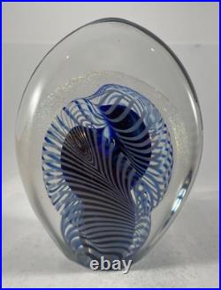 Robert Eickholt Art Glass Paperweight Blue Ribbon Swirl Signed Large Egg! 983