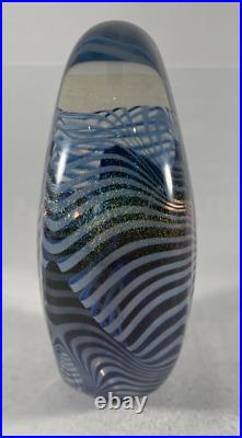 Robert Eickholt Art Glass Paperweight Blue Ribbon Swirl Signed Large Egg! 983