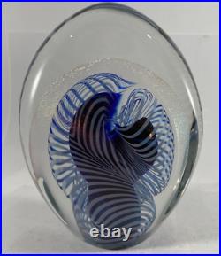 Robert Eickholt Art Glass Paperweight Blue Ribbon Swirl Signed Large Egg! 983