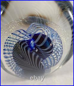 Robert Eickholt Art Glass Paperweight Blue Ribbon Swirl Signed Large Egg! 983