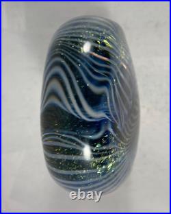 Robert Eickholt Art Glass Paperweight Blue Ribbon Swirl Signed Large Egg! 983