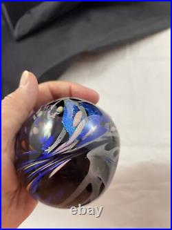 Rollin Karg Multicolor Iridescent Art Glass 3 1/2 Paperweight Signed with Stand