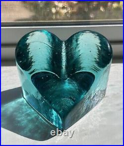 Signed Aqua Fire And Light Heart Paperweight (large)