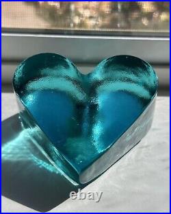 Signed Aqua Fire And Light Heart Paperweight (large)