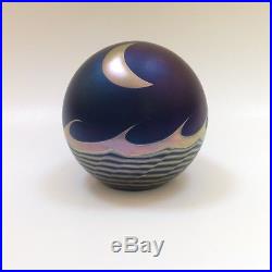 Signed Correia art glass paperweight deep iridescent blue with metallic moon