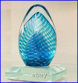 Signed & Dated Studio Art Glass Pulled Feather Swirls Paperweight Blue Purple 4