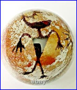 Signed Richard Satava Art Glass Bird Man Figure Suns Petroglyph Rock Paperweight