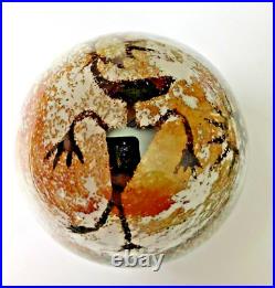 Signed Richard Satava Art Glass Bird Man Figure Suns Petroglyph Rock Paperweight