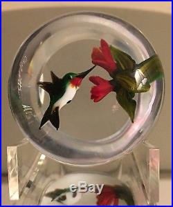Signed Rick Ayotte Hummingbird & Flowers Small Glass Paperweight