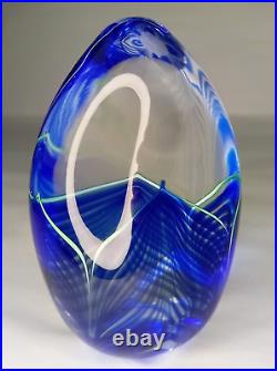 Signed Sherman Studio Art Glass Paperweight Blue & Green Pulled Feather Perfect