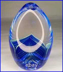 Signed Sherman Studio Art Glass Paperweight Blue & Green Pulled Feather Perfect