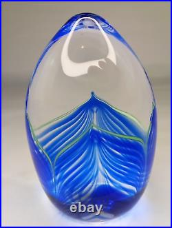 Signed Sherman Studio Art Glass Paperweight Blue & Green Pulled Feather Perfect