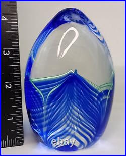 Signed Sherman Studio Art Glass Paperweight Blue & Green Pulled Feather Perfect