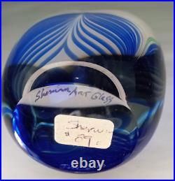 Signed Sherman Studio Art Glass Paperweight Blue & Green Pulled Feather Perfect