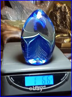 Signed Sherman Studio Art Glass Paperweight Blue & Green Pulled Feather Perfect