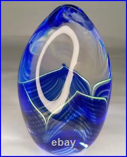 Signed Sherman Studio Art Glass Paperweight Blue & Green Pulled Feather Perfect