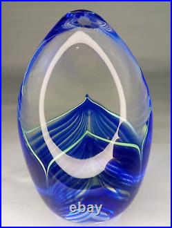 Signed Sherman Studio Art Glass Paperweight Blue & Green Pulled Feather Perfect