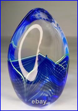 Signed Sherman Studio Art Glass Paperweight Blue & Green Pulled Feather Perfect