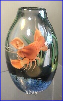 Signed Studio Art Glass Paperweight Vase Orient Flume Lobster 1982 Cabinet Size
