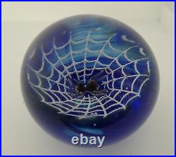 Signed Wilkerson Black Spider in Web Blue Studio Art Glass Paperweight