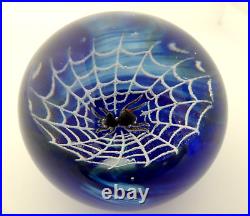 Signed Wilkerson Black Spider in Web Blue Studio Art Glass Paperweight