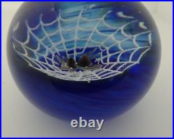 Signed Wilkerson Black Spider in Web Blue Studio Art Glass Paperweight