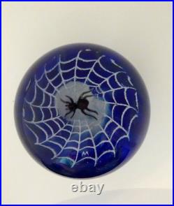 Signed Wilkerson Black Spider in Web Blue Studio Art Glass Paperweight