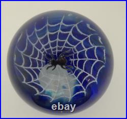 Signed Wilkerson Black Spider in Web Blue Studio Art Glass Paperweight