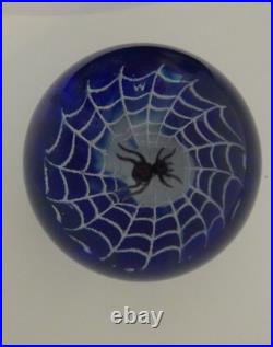 Signed Wilkerson Black Spider in Web Blue Studio Art Glass Paperweight