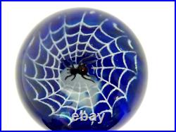 Signed Wilkerson Black Spider in Web Blue Studio Art Glass Paperweight