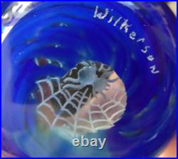 Signed Wilkerson Black Spider in Web Blue Studio Art Glass Paperweight