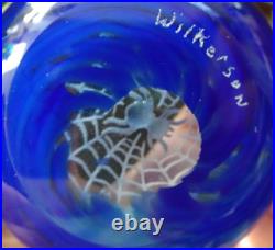 Signed Wilkerson Black Spider in Web Blue Studio Art Glass Paperweight