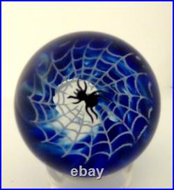 Signed Wilkerson Black Spider in Web Blue Studio Art Glass Paperweight