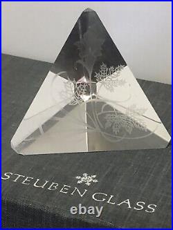 Steuben Glass Paperweight Tetrahedron Floral Etching Box & Paperwork Small Chip