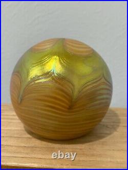Steven Correia Signed Art Glass Paperweight Iridescent Gold Aurene Feather Style