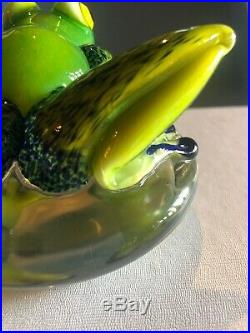 Stuart Abelman Green Blue Frog On Clear Base Paperweight Figurine