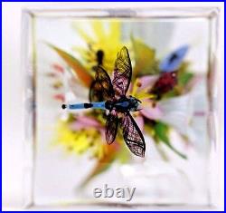 TALL Alluring STANKARD Block Floral with DRAGONFLY Bee ANT Art Glass PAPERWEIGHT