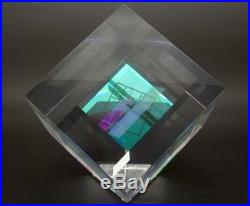 TOLAND SAND Dichroic Cube Prism Art Glass Sculpture/Paperweight, Apr 3.9Wx6.5H