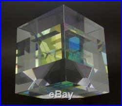 TOLAND SAND Dichroic Cube Prism Art Glass Sculpture/Paperweight, Apr 3.9Wx6.5H